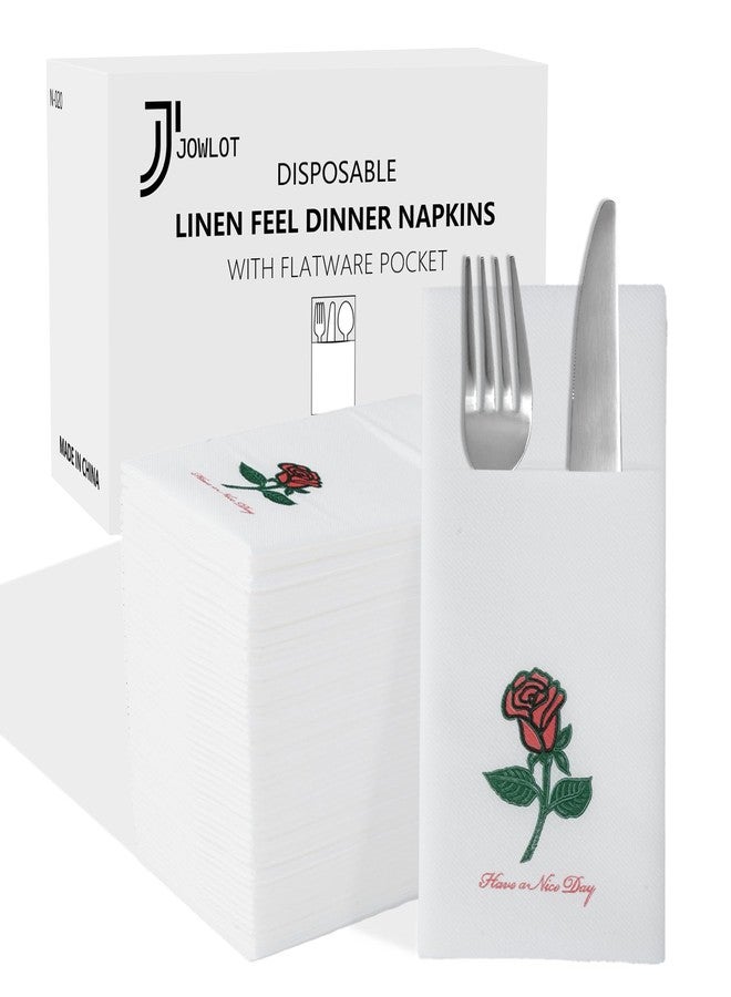 JOWLOT 50 Count Linen Feel Disposable Dinner Napkins with Built-in Flatware Pocket, Cloth Like Napkins for Weddings Party Bathroom, Rose Floral Prefolded Napkins for Silverware, 16 X 16 Inch - Image 1